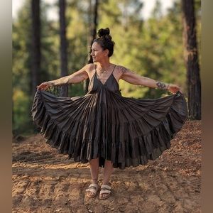 Grey silk tiered spaghetti strap dress